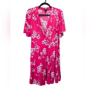 Torrid Pink Floral Faux Wrap Dress Flutter Sleeve Skater Dress Size M Plus Size
